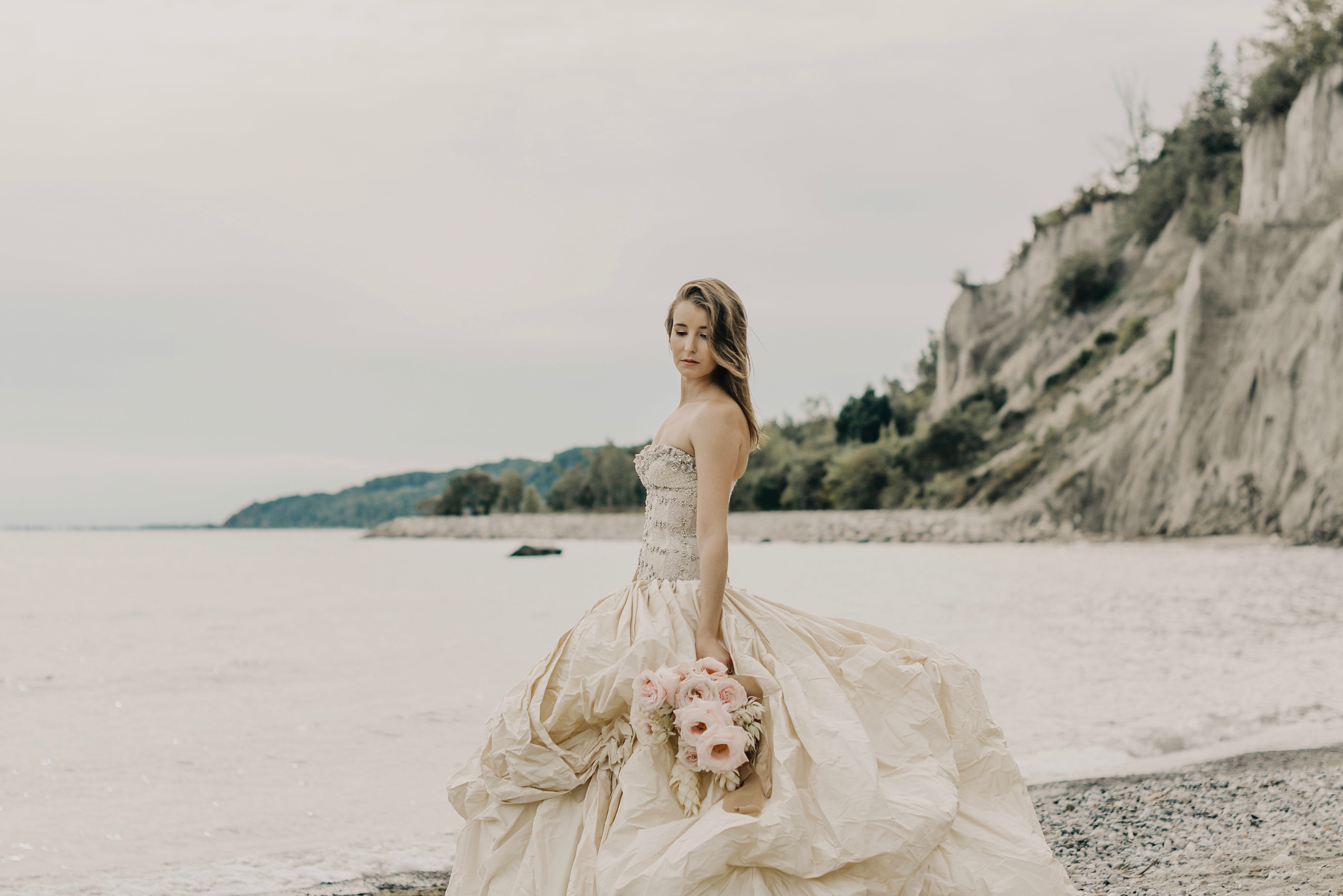 Bouquet billowing skirt and beaded bodice wedding dress