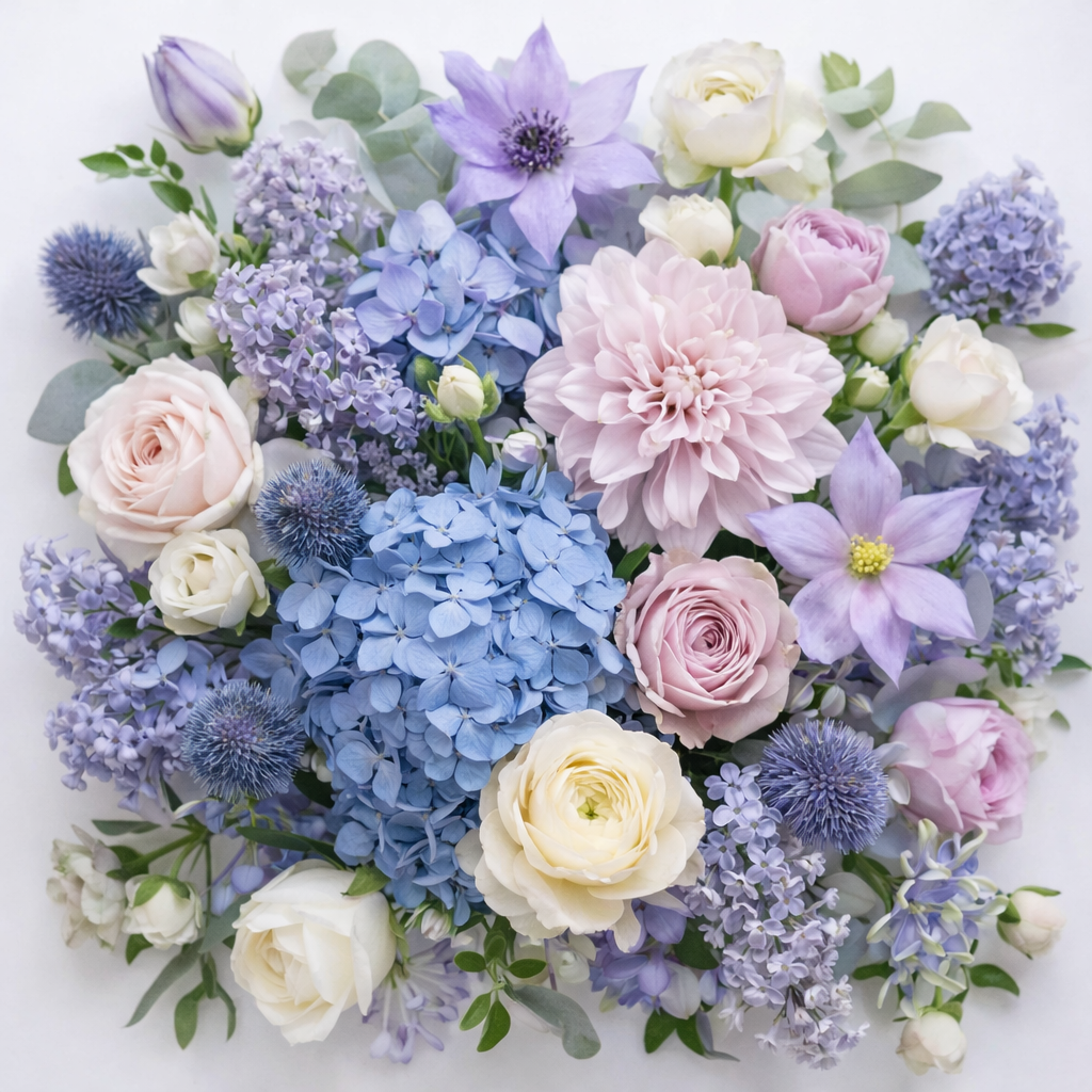 Blue and lilac designer's choice flower arrangement