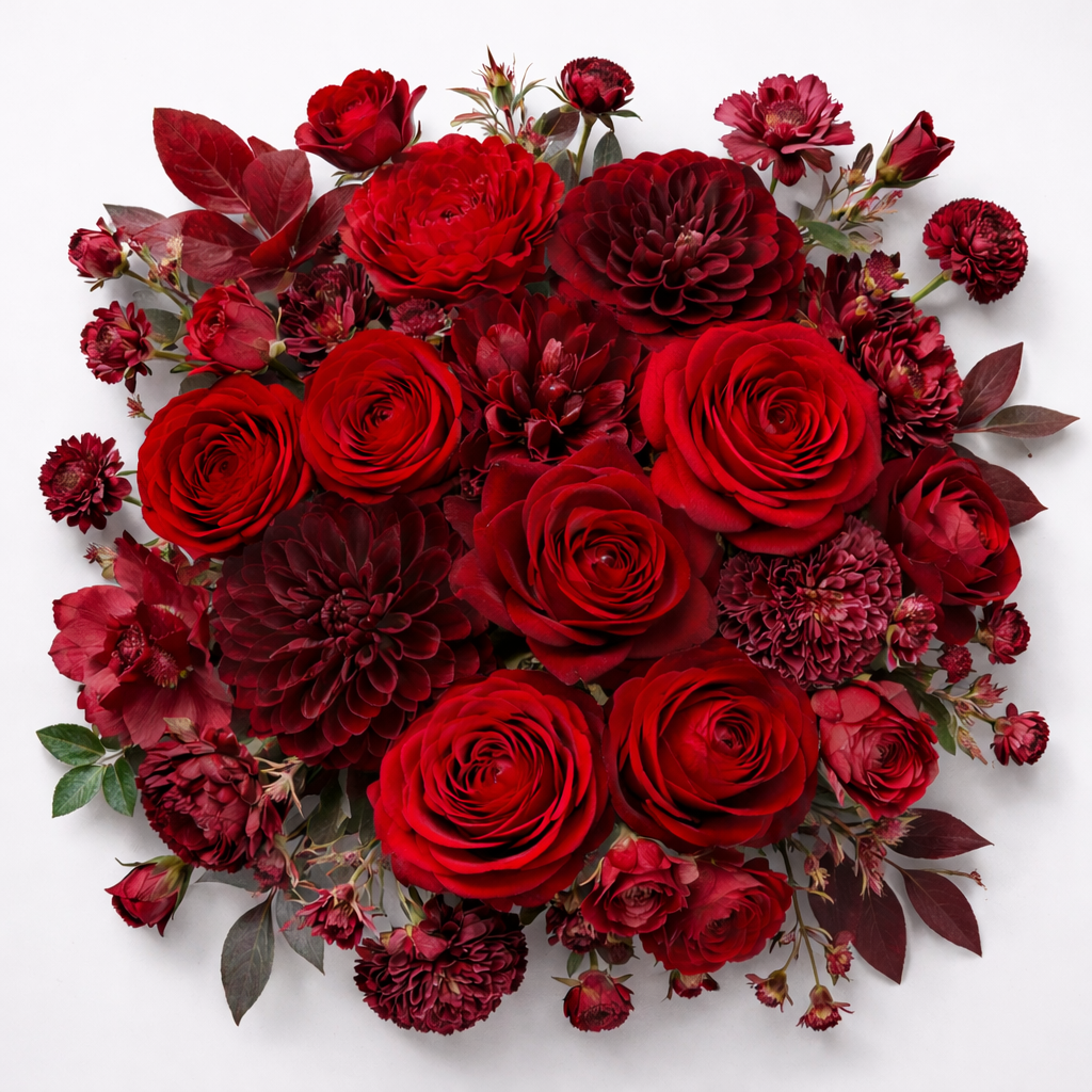 Red and burgundy designer's choice flower arrangement